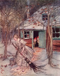 Was fand sie dort, außer echten reifen Erdbeeren. Illustration von Arthur Rackham aus Grimms Märchen Die drei Männlein im Walde, veröffentlicht Ende des 19. Jahrhunderts.