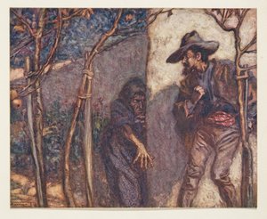 Als er über die Mauer ging, erschrak er, die Hexe vor sich zu sehen, aus den Märchen der Brüder Grimm, veröffentlicht 1909 von Arthur Rackham