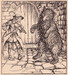 Als der Bär die Musik hörte, konnte er nicht anders, als zu tanzen. Illustration von Arthur Rackham aus Grimms Märchen, Der kluge kleine Schneider von Arthur Rackham