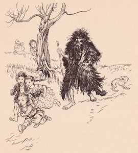 Wer ihn sah, rannte weg. Illustration von Arthur Rackham aus Grimms Märchen Bärenhäuter. von Arthur Rackham