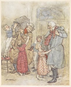 Junge Kinder, die zwei älteren Männern helfen, ihre Mäntel auszuziehen, während sie ein Haus mit Weihnachtsgeschenken betreten von Arthur Rackham