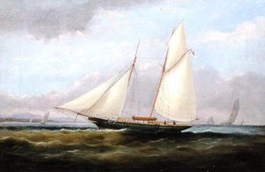 Eine Schoner-Yacht unter leichtem Segel, mit gesenktem Focksegel