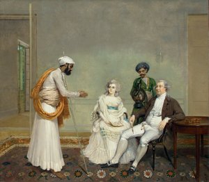 Porträt von Richter Suetonius Grant Heatly und Temperance Heatly mit ihren indischen Dienern, in einem Innenraum in Kalkutta, ca. 1786