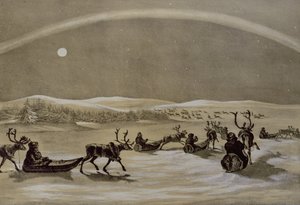 Eine außergewöhnliche Erscheinung der Nordlichter über einer Rentierherde eines Lappen, die den Jerdis Javri überquert, aus Winter Sketches in Lapland, graviert von James Duffield Harding (1798-1863) 1825