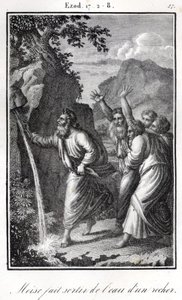 Bibel, Moses schlägt auf den Felsen und Wasser kommt heraus Exodus (Gravur) von Artist Unknown