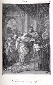 Bibel, Esther rettet ihr Volk, indem sie Ahaseuerus erzählt, dass Haman plante, sie zu töten (Gravur)