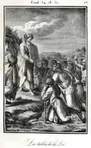 Bibel, Moses zeigt die zwei Tafeln mit den zehn Geboten (Gravur) von Artist Unknown