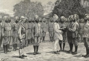 England (19. Jahrhundert). Kolonisation. Indien. Die neuen Regimenter von Burma. Vereidigung neuer Rekruten. (Stich) von Artist Unknown