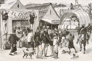England (19. Jahrhundert). Kolonisation (1880). Das Leben der Goldgräber in Australien. Englische Kolonie Botany Bay (gegründet 1788), ursprünglich hauptsächlich von Kriminellen besiedelt, die zu Prospektoren und Händlern wurden. (Stich) von Artist Unknown
