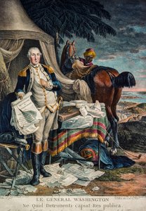 George Washington in einem Kriegslager mit der Unabhängigkeitserklärung (handkolorierte Gravur)