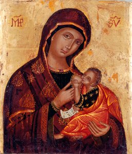 Ikone: „Jungfrau und Kind“ Anonyme Holzmalerei. Kirche Santa Maria delle Grazie al Trionfale, Rom von Artist Unknown