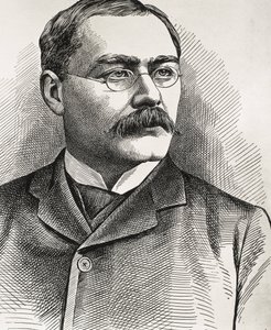 KIPLING, Rudyard (1865-1936). Britischer Schriftsteller, geboren in Indien. Nobelpreis für Literatur 1907. Porträt von Kipling. Gravur.