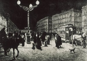 Madrid (1878). Die Puerta del Sol beleuchtet mit elektrischem Licht. Bild nach einer Zeichnung von Pellicer für „La Ilustracion Española y Americana“. Radierung. von Artist Unknown