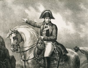 NAPOLEON I Bonaparte (1769-1821). Französischer Militär und Politiker, Kaiser von Frankreich (1804-1815). Detail eines Reiterporträts von Napoleon, inspiriert vom Originalporträt von Joseph Chabord. Gravur