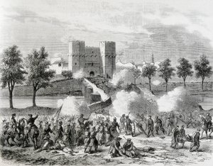 Spanien (1868). Glorreiche Revolution. Angriff der Regierungstruppen am Serrans-Tor in Valencia. Gravur aus „The Illustration. Jorinal Universal“. Radierung