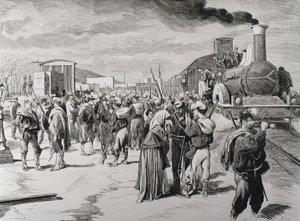 Spanien. Dritter Karlistenkrieg. Abmarsch eines Freikorps-Bataillons gegen die Karlisten aus Barcelona. Bild aus „La Ilustracion Española y Americana“ (8. April 1873). (Stich)