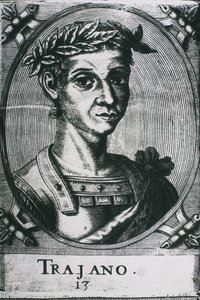 TRAJAN, Marcus Ulpius Traianus (53-117). Porträt von Trajan mit Lorbeeren. (Detail)
