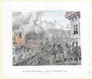Der Brand der Nothbrücke nahe der Rothenthurmbastei im Oktober 1848 von Artist Unknown
