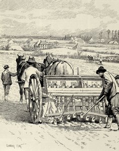 VEREINIGTES KÖNIGREICH. ENGLAND. Industrielle Revolution. Bohrmaschine erfunden von Jethro Tull. Gerste säen im Februar. Zeichnung von Gunning King, veröffentlicht in „The Illustrated London News“. Stich.
