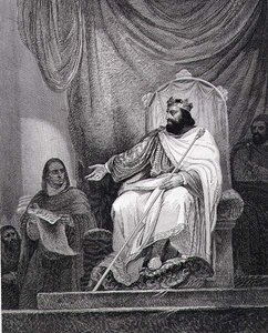 Karl der Große (742-814) erlässt das Kapitular von Herstal im Jahr 779, gestochen von Leclerc von Ary (after) Scheffer
