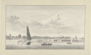 Großes Floß und verschiedene Schiffe auf der Merwede bei Haus de Merwe bei Dordrecht von Ary van Wanum
