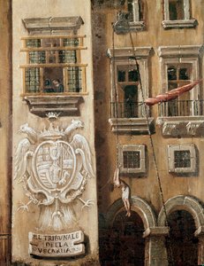 Platz des Gerichts der Vicaria in Neapel zur Zeit der Revolution von Masaniello - Detail, das einen gehängten Mann vor dem Eingang des Palastes darstellt - Gemälde von Ascanio Luciani (ca. 1621-1706) Neapel, Museo Nazionale di San Martino von Ascanio Luciani
