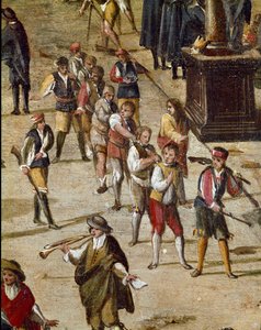Platz des Gerichts der Vicaria in Neapel zur Zeit der Revolution von Masaniello. Kriminelle werden vor dem Eingang gerichtet - Detail, das eine Gruppe von Verurteilten zeigt, die am Hals gekettet sind - Gemälde von Ascanio Luciani (ca. 1621-1706) Neapel, M von Ascanio Luciani