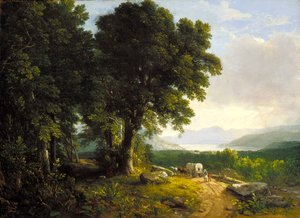 Landschaft mit bedecktem Wagen