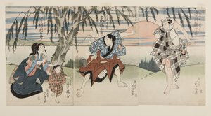 Schauspieler Ichikawa Ebijūrō I als Ukisu no Iwamatsu (R), Arashi Kitsusaburō II als Bauer Jōsaku (C), Arashi Kitsuzō als Jōkichi und Sawamura Kunitarō II als Jōsaku