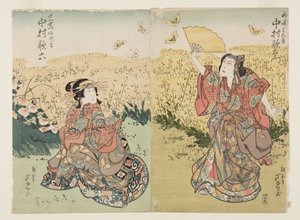Schauspieler Nakamura Utaemon III als Yamazaki Yogor? (R), Nakamura Karoku I als Fujiya Azuma (L) von Ashiyuki Gigado