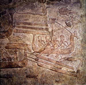 Seefahrtsexpedition: Holztransport aus dem Libanon entlang der phönizischen Küste. Darstellung eines phönizischen Schiffes mit einer Reihe von Ruderern. Basrelief von Khorsabad, 8. Jahrhundert v. Chr. Neuassyrische Periode, Mesopotamien. Louvre Museum