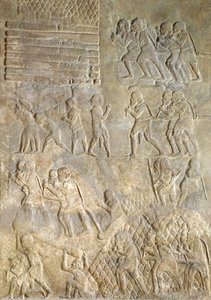 Relief, das Träger zeigt, die Holz zur Küste für den Seetransport bringen. aus dem Palast von Sargon II., Khorsabad, Irak
