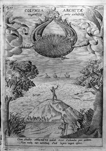 Archytas von Tarent (435-347 v. Chr.) fliegt eine hölzerne Taube. Gravur aus „Mundus Subterraneus“ von Athanasius Kircher (1601-1680), Jesuit, Orientalist und Gelehrter von Athanasius Kircher