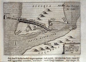 Kartografische Darstellung von Charybdis und Scylla in der Straße von Messina, Sizilien. Gravur aus „Mundus Subterraneus“ von Athanasius Kircher (1601-1680), Jesuit, Orientalist und Gelehrter 1682 von Athanasius Kircher