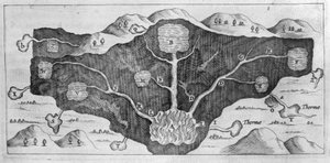 Querschnitt der Erdkruste, der Athanasius Kircher die Herkunft der Thermalquellen demonstrieren lässt