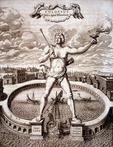 Der Koloss von Rhodos (Statue des Helios) am Eingang zum Hafen. - in „Turris Babel“ von Athanasius Kircher (1601-1680), deutscher Orientalist und Gelehrter