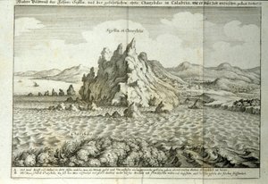 Ansicht der Felsen von Charybdis und Scylla in der Straße von Messina, Sizilien. Gravur aus „Mundus Subterraneus“ von Athanasius Kircher (1601-1680), Jesuit, Orientalist und Gelehrter 1682 von Athanasius Kircher