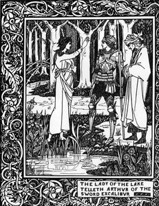 Artussage: „Die Dame vom See (Vivian Fee) lehrt Arthur die Existenz des Excalibur-Schwertes“ Gravur in „Le Morte d