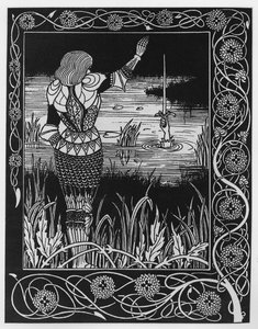 Wie Sir Bedivere das Schwert Excalibur ins Wasser warf, eine Illustration aus 