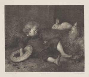Schlafendes Kind mit Kaninchen von August Allebe