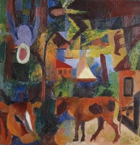 Landschaft mit Kühen, Segelboot und Figuren