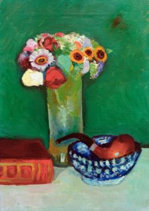 Stillleben mit Blumenstrauß und Pfeife in blauer Schale von August Macke