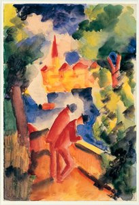 Zwei Männer lehnen sich an das Geländer mit Blick auf einen See (1914) von August Macke