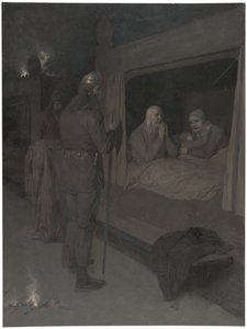 Njal, Bergthora und Thord Karisson beschließen, sich lebendig verbrennen zu lassen. Illustration zu Njals Saga, Kap. 129 von August Malmström