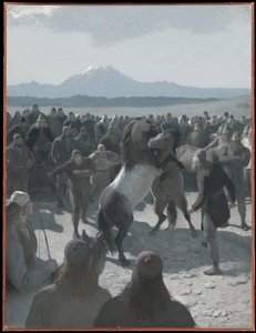 Der Pferdekampf bei Hlidarendi. Illustration für Njals Saga, Kap. 59