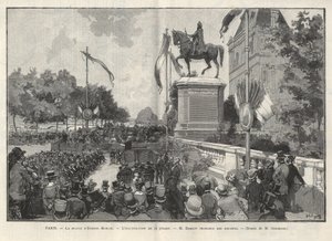 Paris - Rede von Herrn Darlot während der Einweihung am 15. Juli 1888 im Hôtel de Ville de Paris der Statue von Etienne Marcel - Zeichnung von Gerardin in „The Illustrous World“ von 1888. von Auguste (after) Gerardin