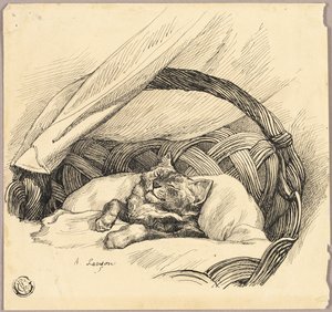 Schlafende Katze im Korb von Auguste Andre Lancon