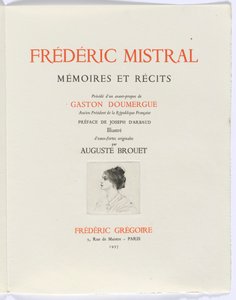 Frédéric Mistral: Mémoires et Recits: Titelseite, Büste einer Frau im Profil von Auguste Brouet
