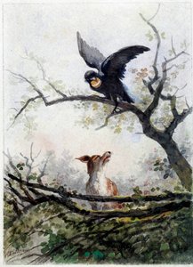 Der Fuchs und der Rabe. Illustration der Fabel von Jean de La Fontaine (1621-1695)