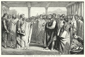 Der Kaiser Marcus Aurelius kommt, um unterrichtet zu werden (Gravur) von Auguste Francois (after) Laby